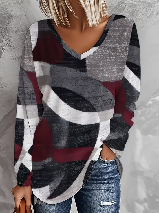 Women's Long Sleeve T-shirt Spring/Fall As Picture Abstract Printing Jersey V Neck Daily Going Out Casual Top