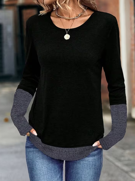 Women's Long Sleeve T-shirt Spring/Fall Black Contrast Stitching Jersey Crew Neck Daily Going Out Casual Top