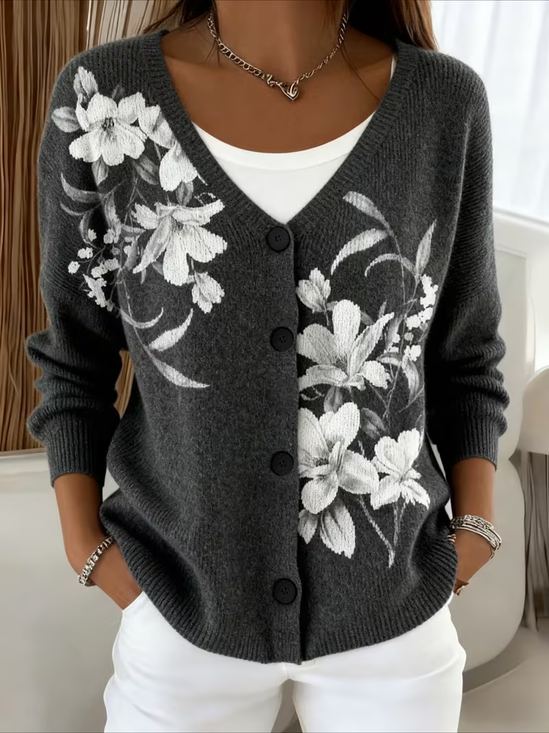 Women's Floral Print Casual V-Neck Cardigan