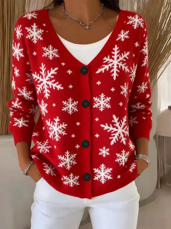 Women's Christmas Print Casual V-Neck Cardigan