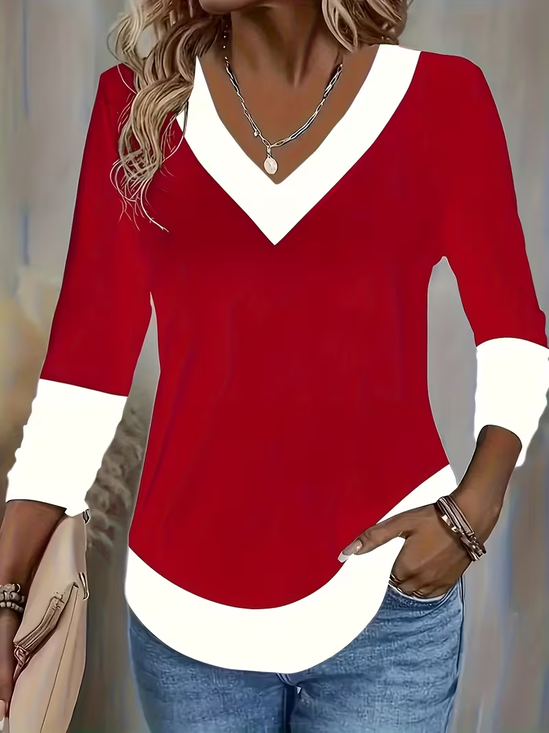 Women's Long Sleeve T-shirt Spring/Fall Red Christmas Printing Jersey V Neck Daily Going Out Casual Top