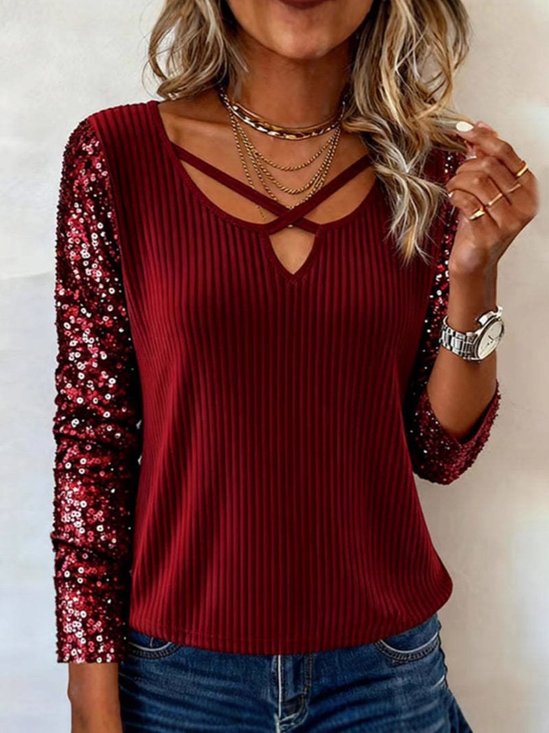 Women's Long Sleeve T-shirt Spring/Fall Red Plain Split Joint V Neck Daily Going Out Vintage Top