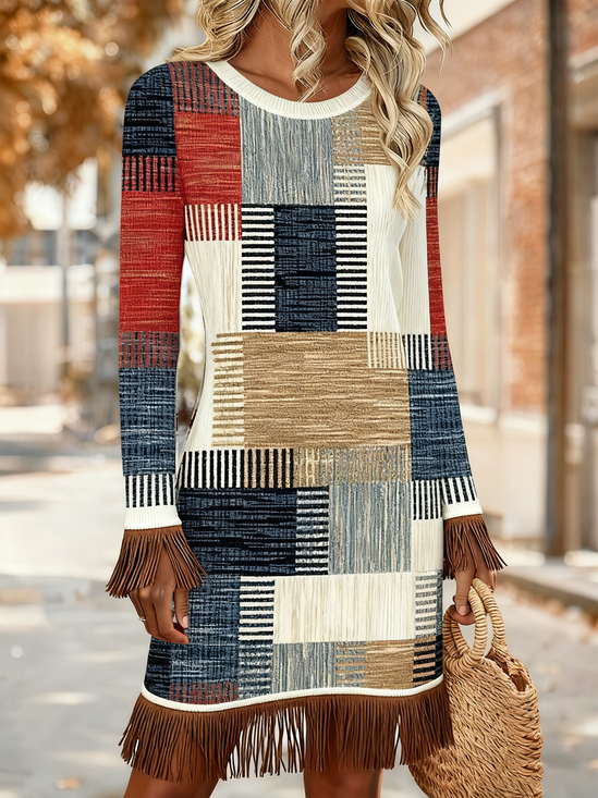 Elegant Plaid Jersey Crew Neck Dress With No