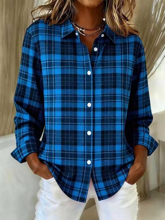 Women's Long Sleeve Shirt Spring/Fall Blue Plaid Buckle Shirt Collar Regular Sleeve Daily Going Out Casual Top