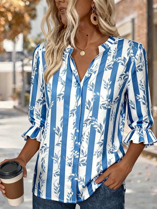 Elegant Botanical Pattern Linen Blend V Neck Shirt