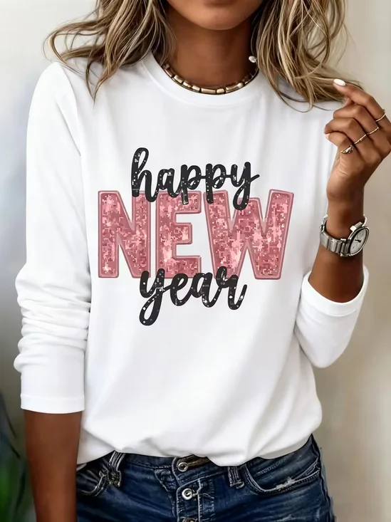 Women's Happy New Year Print Crew Neck Long Sleeve T-Shirt