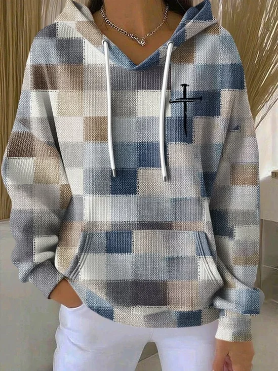 Hoodie Casual Cotton-Blend Plaid Hoodie