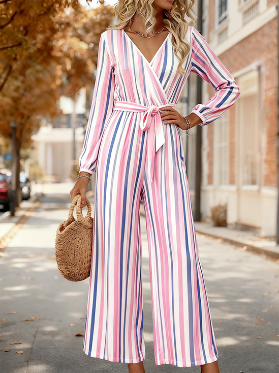 Striped Loose Elegant V Neck Jumpsuit
