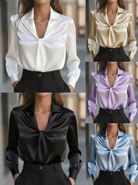 Women's Long Sleeve Shirt Spring/Fall White Plain Split Joint Shawl Collar Daily Going Out Casual Top