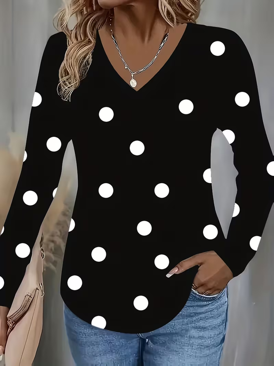 Women's Long Sleeve T-shirt Spring/Fall Black Polka Dots Printing Jersey V Neck Daily Going Out Casual Top