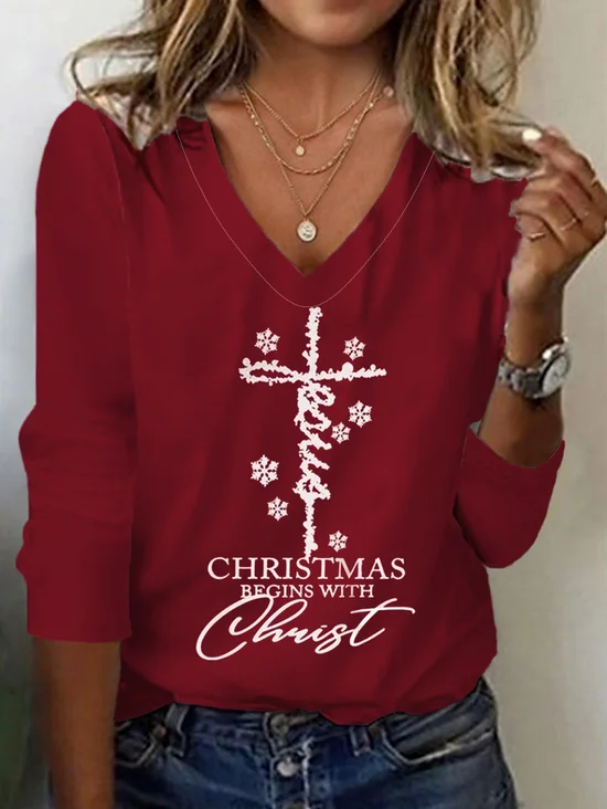 Text letters Print Long Sleeve V-Neck T-shirt