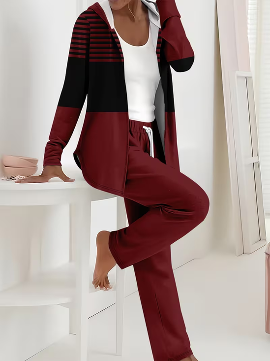 Women's Printing Striped Daily Going Out Two-Piece Set Wine Red Casual Spring/Fall Coat With Pants Matching Set