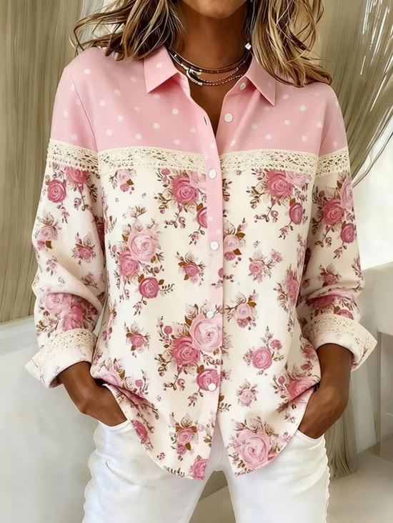 Women's Long Sleeve Shirt Spring/Fall Pink Floral Buckle Shirt Collar Regular Sleeve Daily Going Out Casual Top
