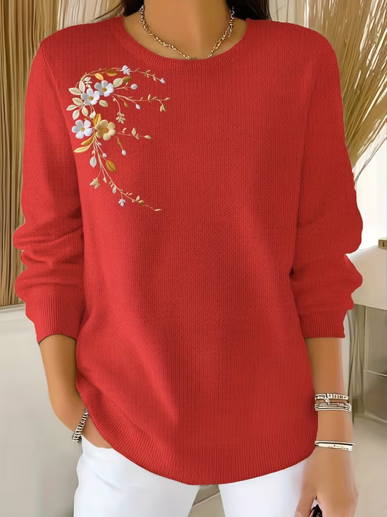 Simple Crew Neck Floral Printing Sweater
