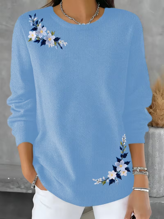 Simple Floral Printing Crew Neck Sweater