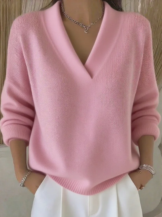 Pink V Neck Loose Fit Long Sleeve Knit Sweater