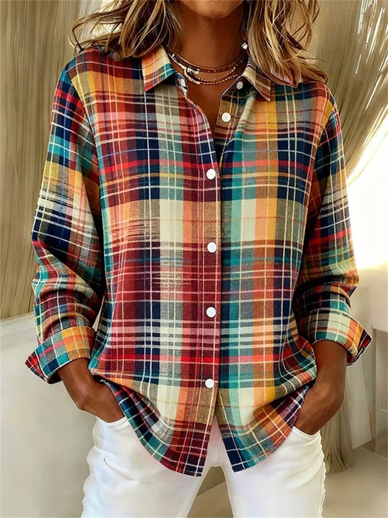 Women's Long Sleeve Shirt Spring/Fall As Picture Plaid Buckle Shirt Collar Regular Sleeve Daily Going Out Casual Top