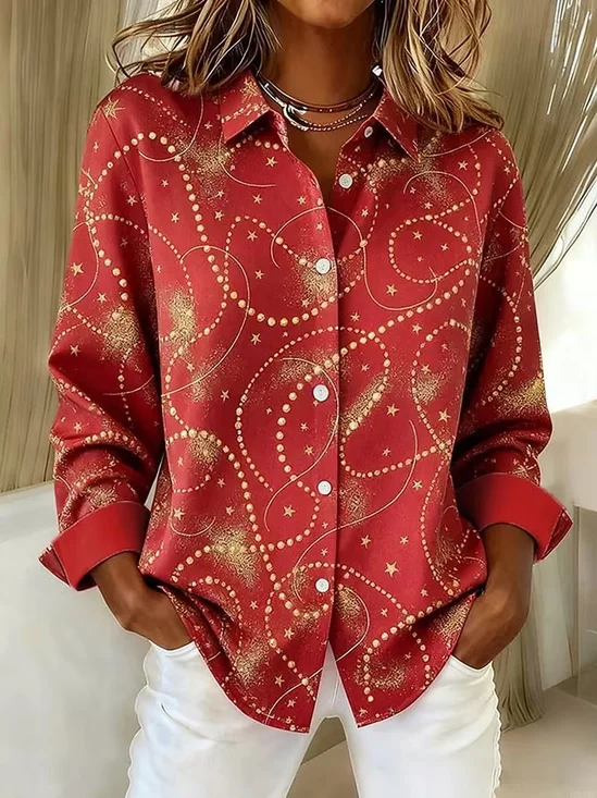 Women's Long Sleeve Shirt Spring/Fall Red Festival Buckle Shirt Collar Regular Sleeve Daily Going Out Casual Top