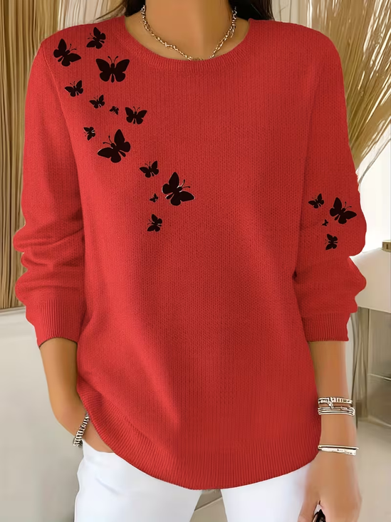 Printing Casual Crew Neck Butterfly Sweater
