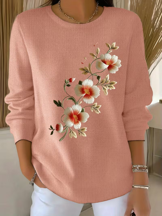 Floral Printing Crew Neck Simple Sweater
