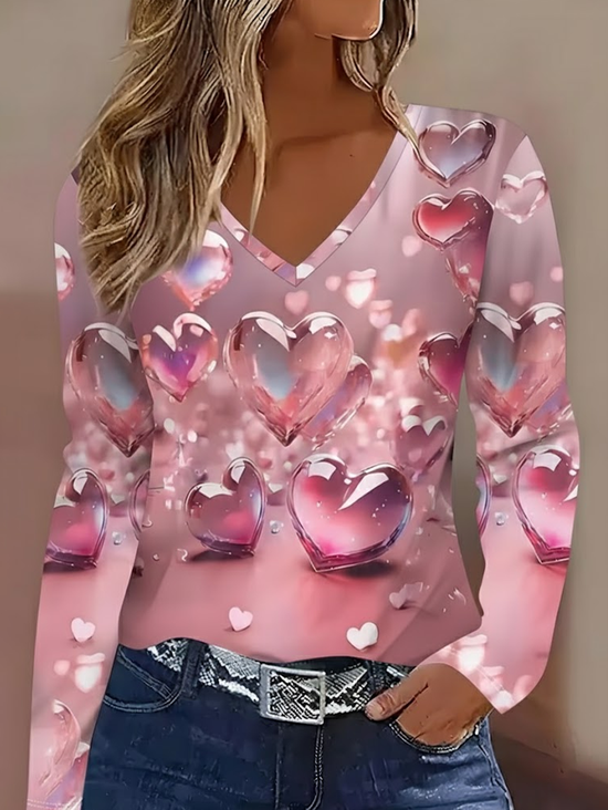 Women's Long Sleeve T-shirt Spring/Fall Pink Heart/Cordate Printing Jersey V Neck Daily Going Out Casual Top