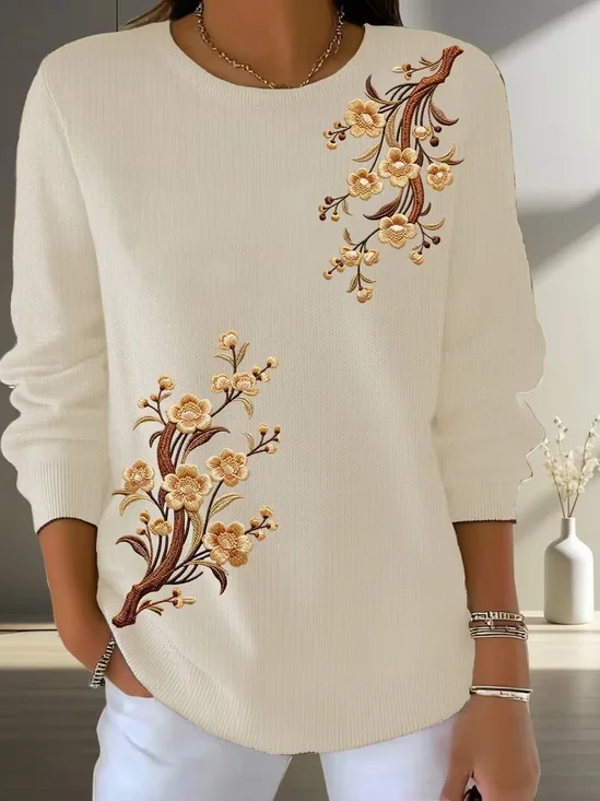 Simple Floral Printing Crew Neck Sweater