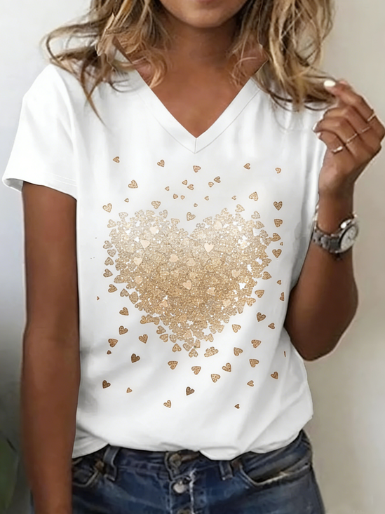 White Jersey Heart/Cordate Print Casual V Neck T-Shirt