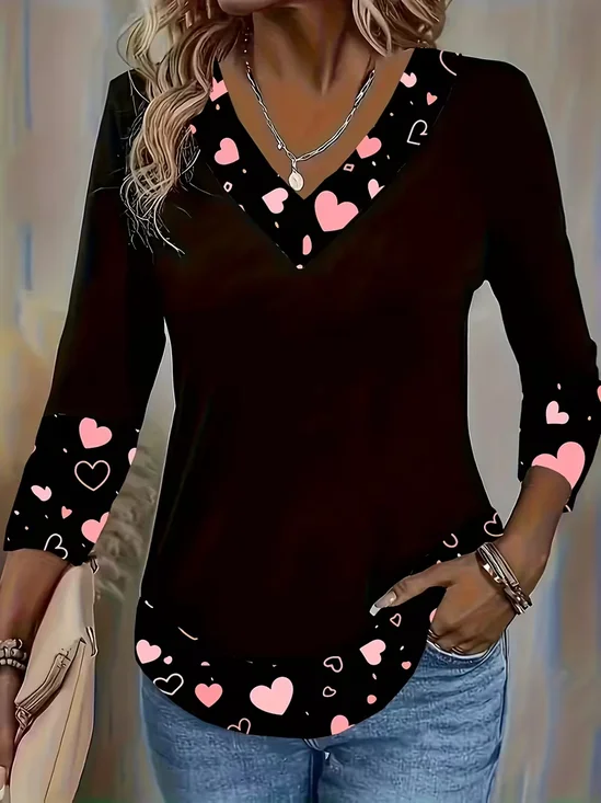 Women's Long Sleeve T-shirt Spring/Fall Black Heart/Cordate Printing Jersey V Neck Daily Going Out Casual Top