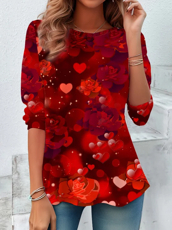 Women's Long Sleeve T-shirt Spring/Fall Red Floral Jersey Crew Neck Daily Going Out Casual Top