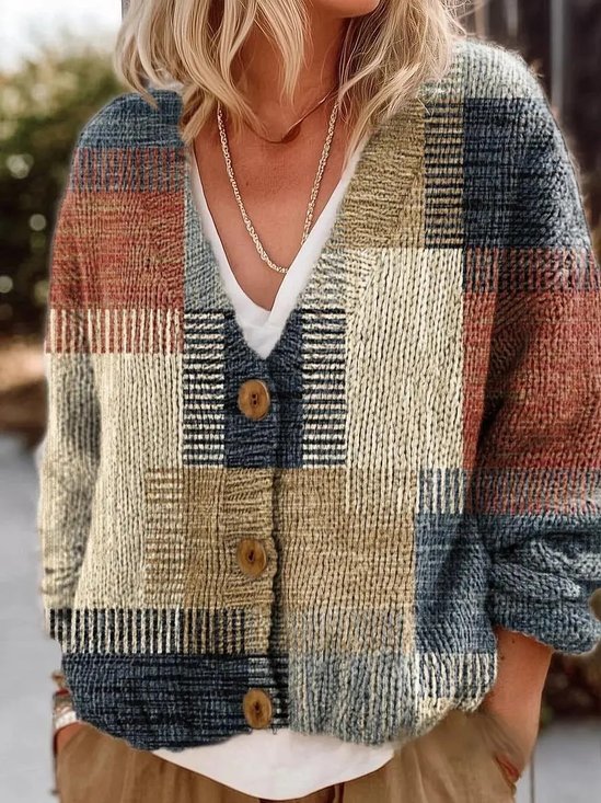 Women's Vintage Multicolor Collage Floral Print Button-Up V-Neck Cardigan Sweater