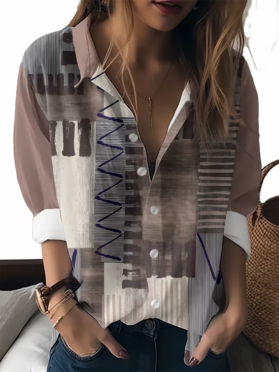 Women's Long Sleeve Shirt Spring/Fall As Picture Abstract Buckle Shirt Collar Regular Sleeve Daily Going Out Casual Top