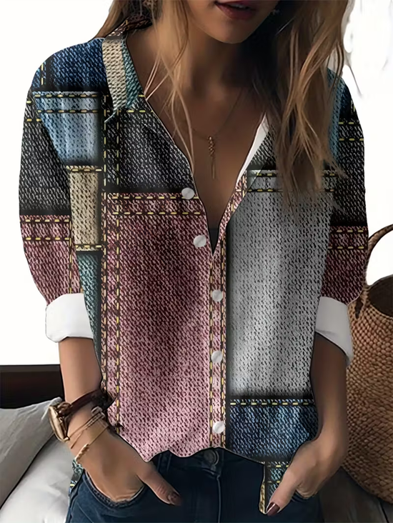 Women's Long Sleeve Shirt Spring/Fall As Picture Abstract Buckle Shirt Collar Regular Sleeve Daily Going Out Casual Top