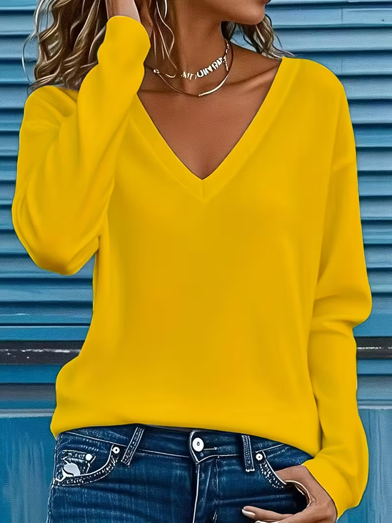 Women's Long Sleeve T-shirt Spring/Fall Yellow Plain Printing Jersey V Neck Daily Going Out Casual Top