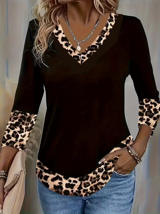 Women's Long Sleeve T-shirt Spring/Fall Black Leopard Printing Jersey V Neck Daily Going Out Casual Top
