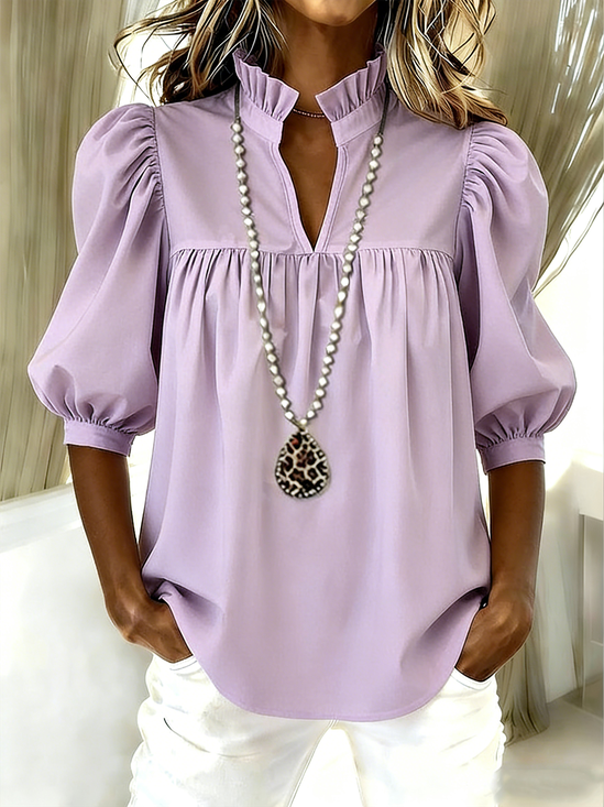 Shawl Collar Plain Puff Sleeve Vintage Shirt