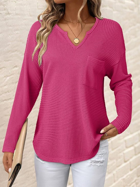 Women's Long Sleeve T-shirt Spring/Fall Deep Pink Plain Split Joint V Neck Daily Going Out Casual Top