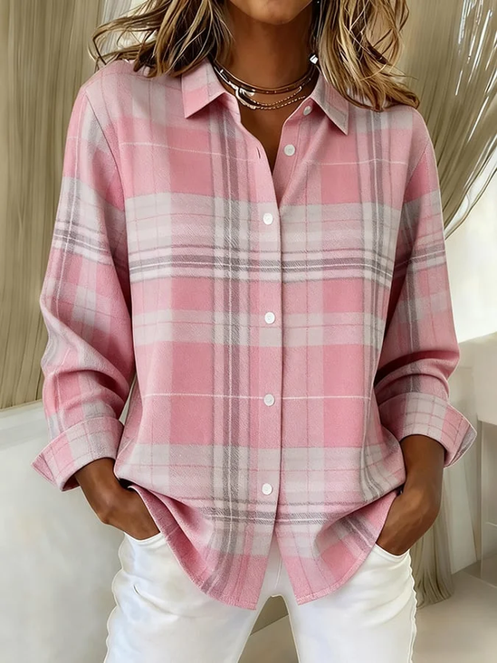 Women's Long Sleeve Shirt Spring/Fall Pink Plaid Buckle Shirt Collar Regular Sleeve Daily Going Out Casual Top