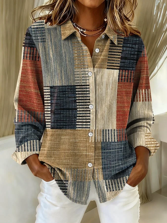 Women's Long Sleeve Shirt Spring/Fall As Picture Abstract Buckle Shirt Collar Regular Sleeve Daily Going Out Casual Top