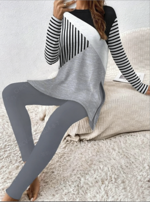 Geometric Stripe Casual Crew Neck Two-Piece/Pajamas Set