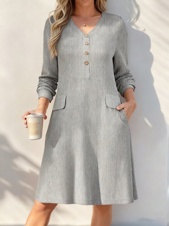 Casual Striped V Neck Knee Length Dress