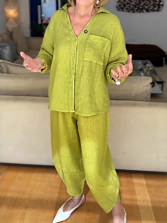 Casual Plain Shirt Collar Two-Piece Set