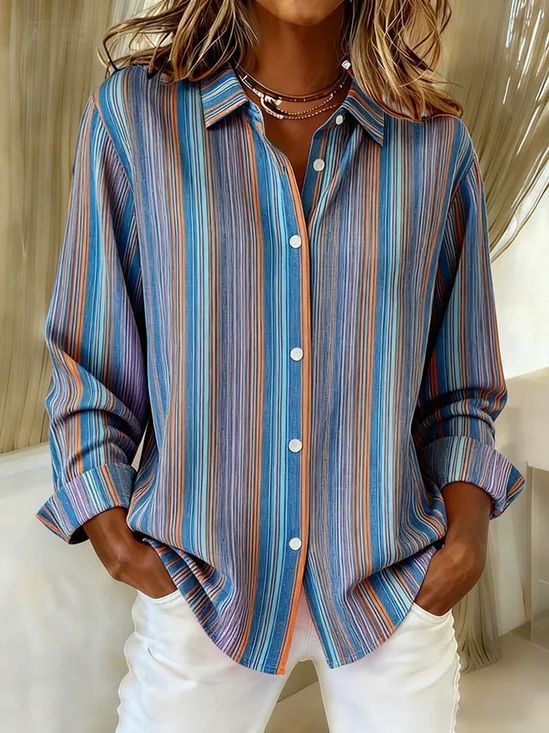 Women's Long Sleeve Shirt Spring/Fall Blue Striped Buckle Shirt Collar Regular Sleeve Daily Going Out Casual Top