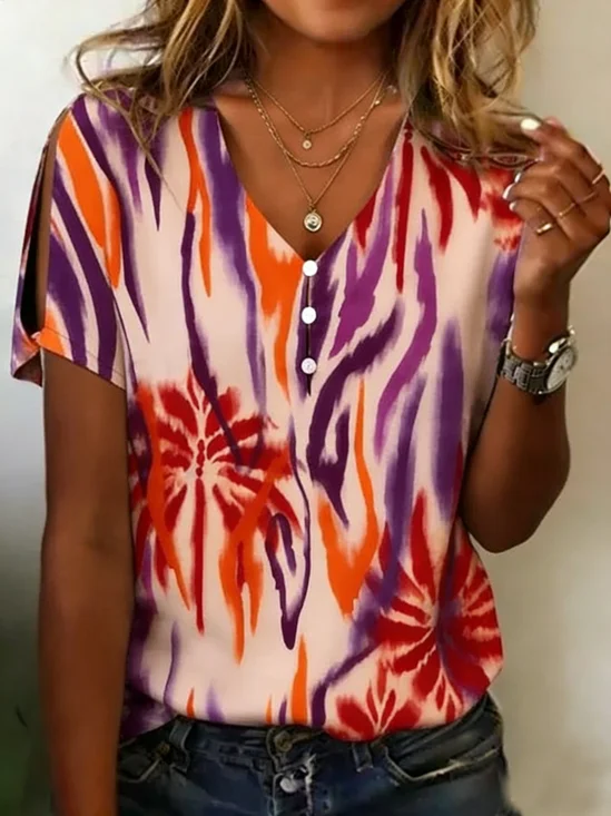 Women's Pearl Button V-Neck Short Sleeve T-Shirt