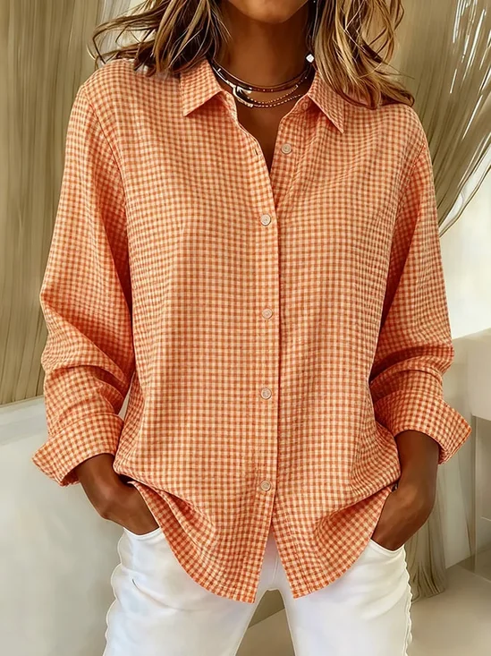 Women's Long Sleeve Shirt Spring/Fall Orange Plaid Buckle Shirt Collar Regular Sleeve Daily Going Out Casual Top