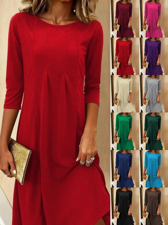 Women's Three Quarter Sleeve Spring/Fall Red Plain Split Joint Crew Neck Daily Going Out Casual Midi A-Line Tunic Dress