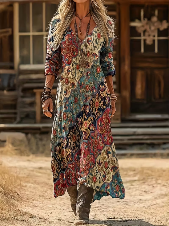 Women's Long Sleeve Spring/Fall As Picture Abstract Printing V Neck Daily Going Out Casual Maxi H-Line Dress