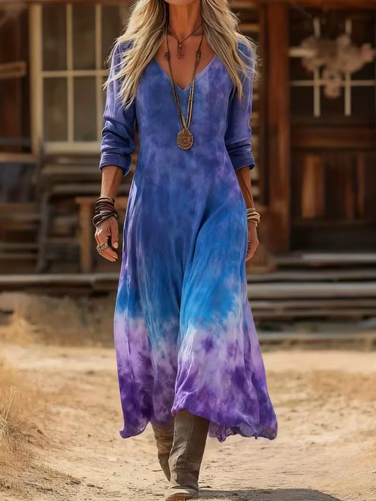 Women's Long Sleeve Spring/Fall Purple Ombre Printing V Neck Daily Going Out Vintage Maxi H-Line Dress