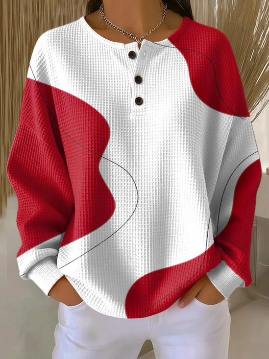 Women's Abstract Print Button-Up Casual Waffle Knit Sweatshirt