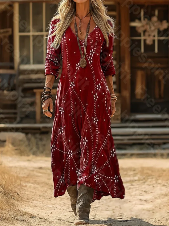 Women's Long Sleeve Spring/Fall Red Abstract Printing V Neck Daily Going Out Vintage Maxi H-Line Dress