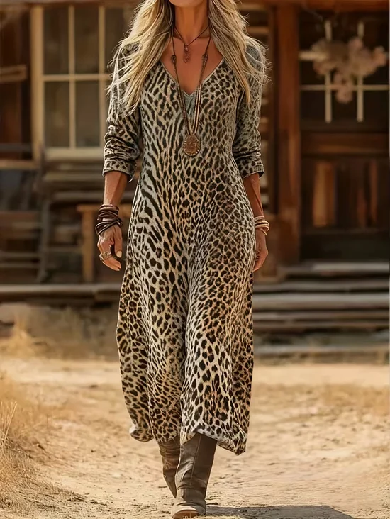 Women's Long Sleeve Spring/Fall Brown Leopard Printing V Neck Daily Going Out Vintage Maxi H-Line Dress